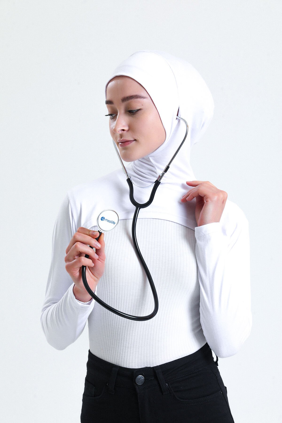 Sağlık Çalışanlarına Özel, Stetoskop Girişli Boneli Boyunluklu Kolluk - Beyaz